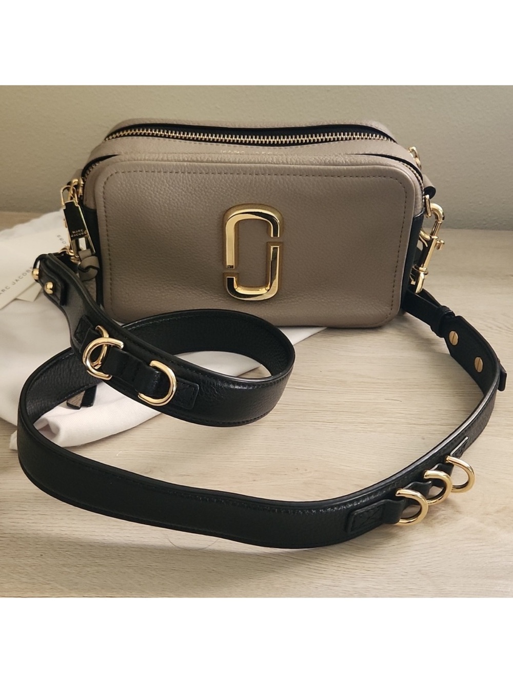 Marc Jacobs Taupe Leather Snapshot Crossbody with Black Strap